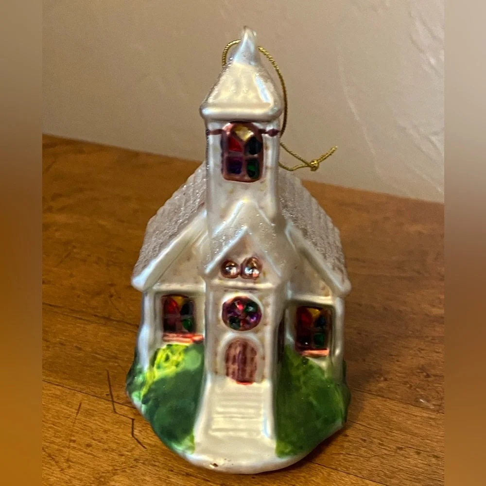 Christmas Tree Glass Ornaments Wise Man on Camel and Country Church Lot of 2